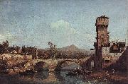 Bernardo Bellotto Capriccio Veneto, Flub, Brucke und mittelalterliches Stadttor oil painting